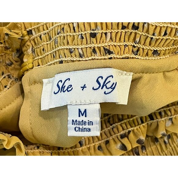 She & Sky Smocked Neck Yellow Print Dress Ruffled Long Sleeve Med Cottage BOHO - Picture 7 of 11